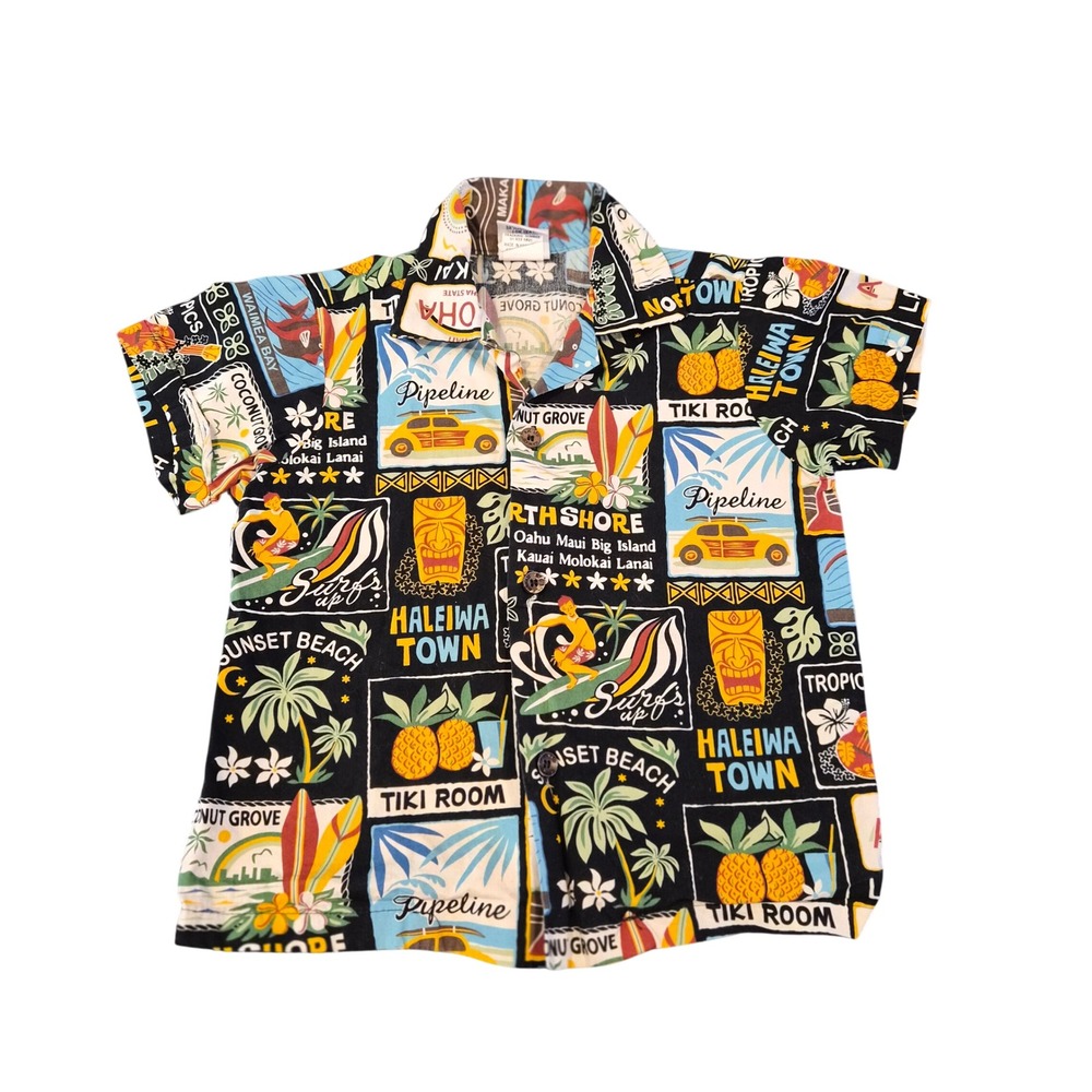 Nui Nalu Kids Hawaiian Shirt Black Postcard North Shore Tiki Cotton Size 4 1261